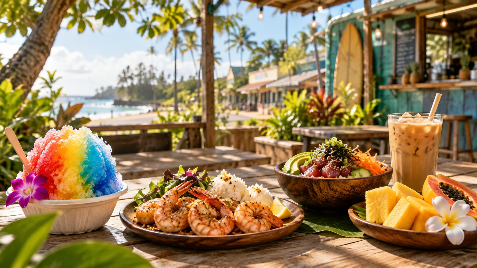 Illustration of an island lunch on a wooden table: rainbow shave ice, a plate of garlic shrimp with rice, a poke bowl, fresh pineapple and papaya, and an iced coffee, with palms and the shore behind