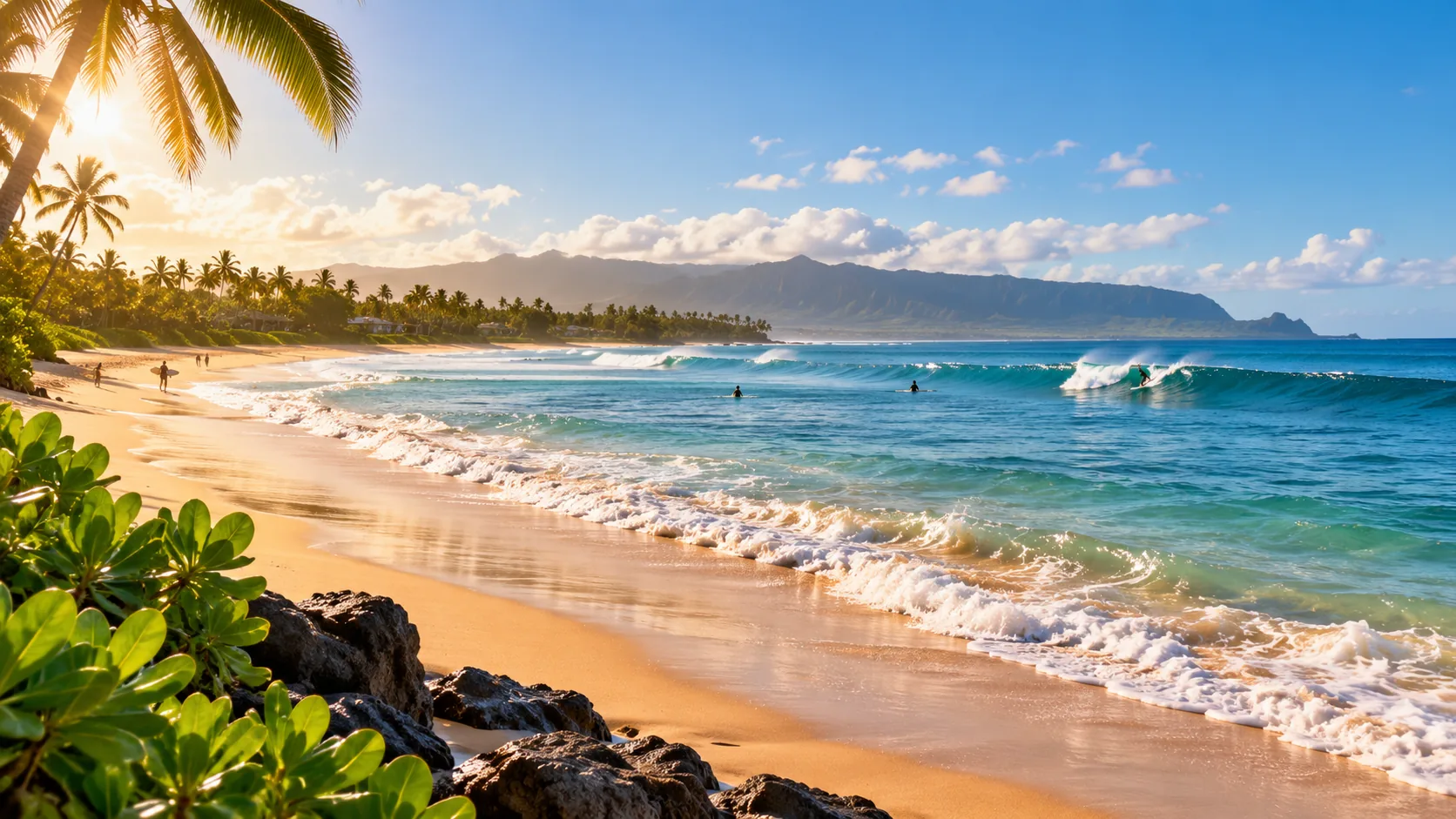 Illustration of a sunlit tropical shoreline: golden sand, small waves rolling in, palms along the beach, and green mountains in the distance